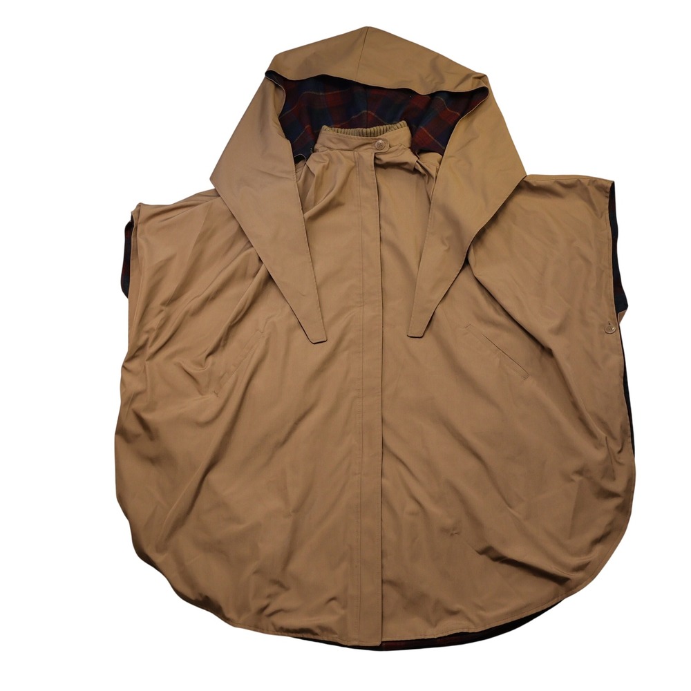 J. Gallery Women M Cape Tan Plaid Lined Hooded Vintage Poncho Jacket Khaki
